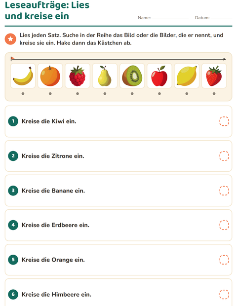 Vorschau: Leseaufträge-Arbeitsblatt mit Im Supermarkt für 1. Klasse