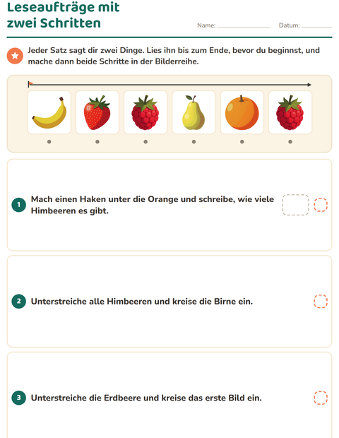 Vorschau: Leseaufträge-Arbeitsblatt mit Im Supermarkt für 1. Klasse