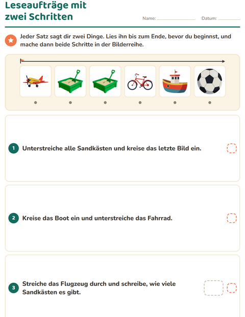 Vorschau: Leseaufträge-Arbeitsblatt mit Spielzeug für 1. Klasse