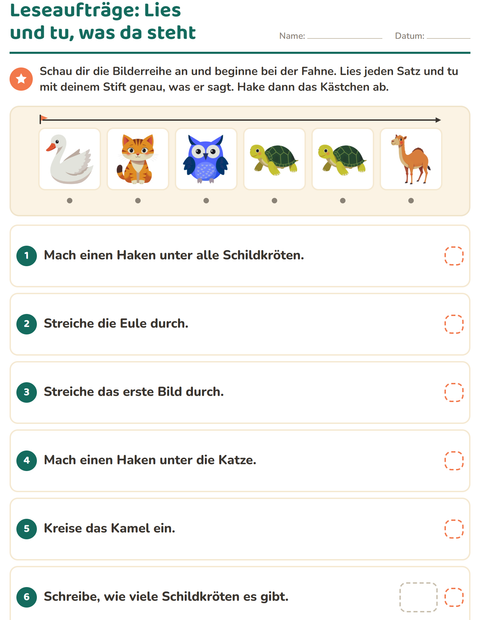 Vorschau: Leseaufträge-Arbeitsblatt mit Tiere für 1. Klasse