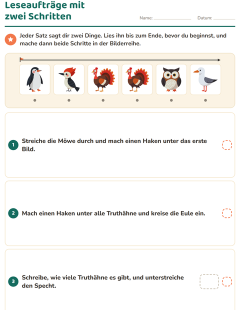 Vorschau: Leseaufträge-Arbeitsblatt mit Vögel 2 für 1. Klasse