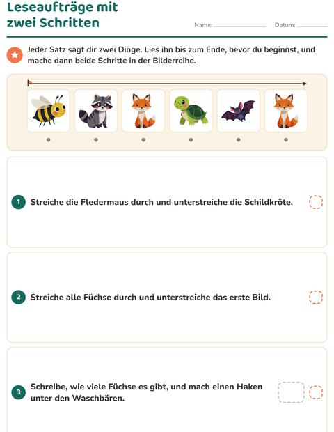 Vorschau: Leseaufträge-Arbeitsblatt mit Waldtiere für 1. Klasse