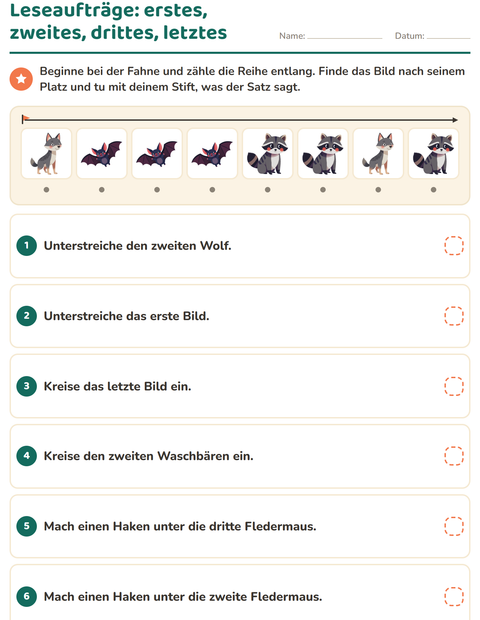 Vorschau: Leseaufträge-Arbeitsblatt mit Waldtiere für 1. Klasse