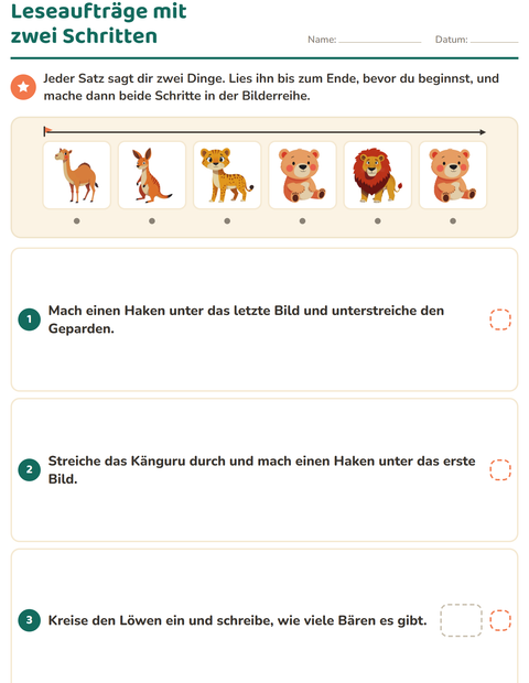 Vorschau: Leseaufträge-Arbeitsblatt mit Zootiere für 1. Klasse