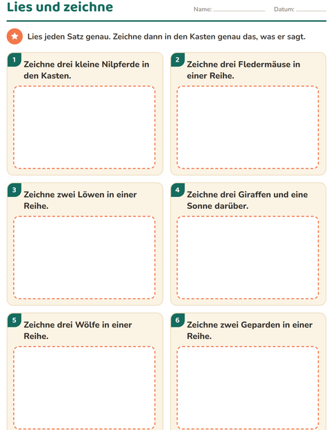 Vorschau: Leseaufträge-Arbeitsblatt mit Zootiere für 1. Klasse