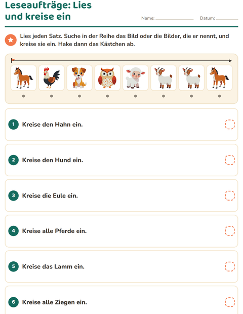 Vorschau: Leseaufträge-Arbeitsblatt mit Bauernhoftiere für 1. Klasse