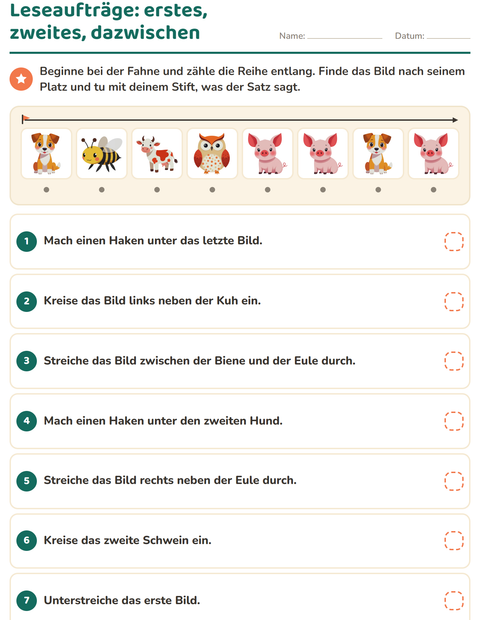 Vorschau: Leseaufträge-Arbeitsblatt mit Bauernhoftiere für 1. Klasse