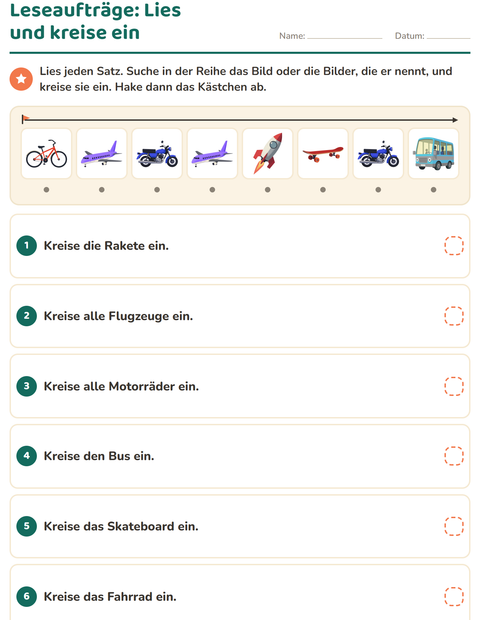 Vorschau: Leseaufträge-Arbeitsblatt mit Fahrzeuge für 1. Klasse