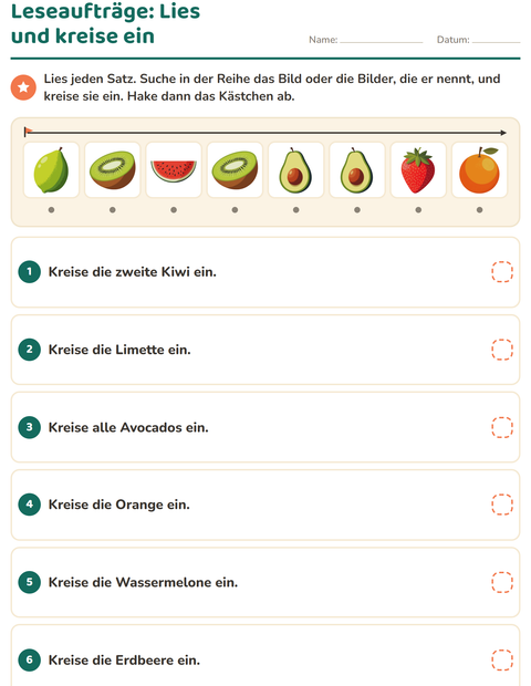 Vorschau: Leseaufträge-Arbeitsblatt mit Früchte für 1. Klasse