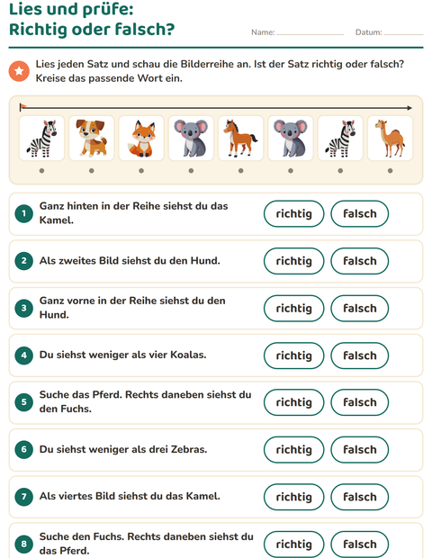 Vorschau: Leseaufträge-Arbeitsblatt mit Tiere für 1. Klasse