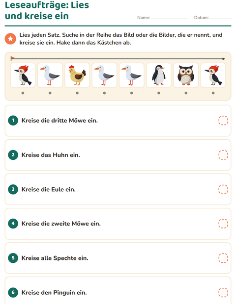 Vorschau: Leseaufträge-Arbeitsblatt mit Vögel 2 für 1. Klasse