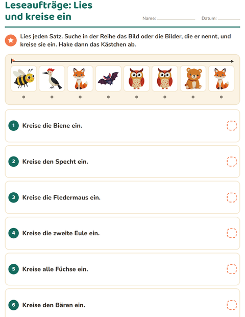 Vorschau: Leseaufträge-Arbeitsblatt mit Waldtiere für 1. Klasse