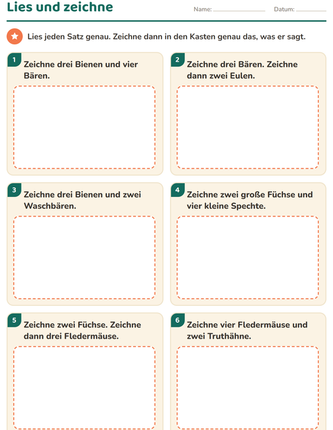 Vorschau: Leseaufträge-Arbeitsblatt mit Waldtiere für 1. Klasse