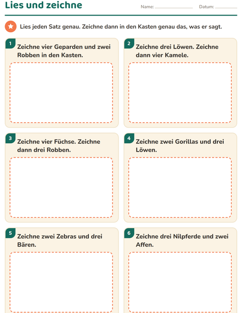 Vorschau: Leseaufträge-Arbeitsblatt mit Zootiere für 1. Klasse