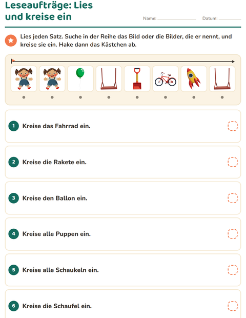 Vorschau: Leseaufträge-Arbeitsblatt mit Spielzeug für 1. Klasse