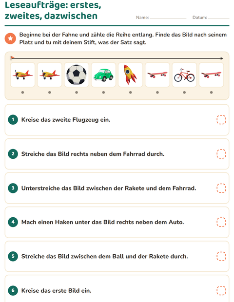 Vorschau: Leseaufträge-Arbeitsblatt mit Spielzeug für 1. Klasse