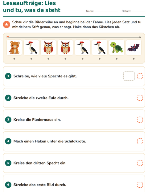 Vorschau: Leseaufträge-Arbeitsblatt mit Waldtiere für 1. Klasse