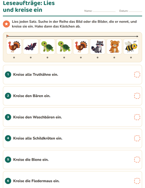 Vorschau: Leseaufträge-Arbeitsblatt mit Waldtiere für 1. Klasse