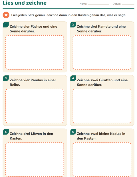 Vorschau: Leseaufträge-Arbeitsblatt mit Zootiere für 1. Klasse