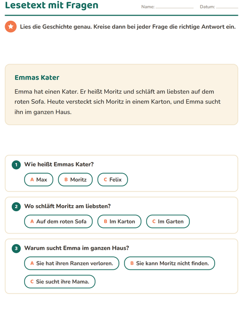 Vorschau: Leseverständnis-Arbeitsblatt für 2. Klasse