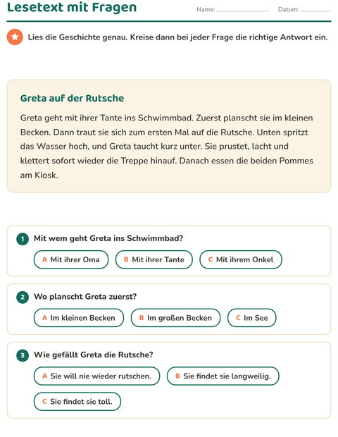 Vorschau: Leseverständnis-Arbeitsblatt für 2. Klasse