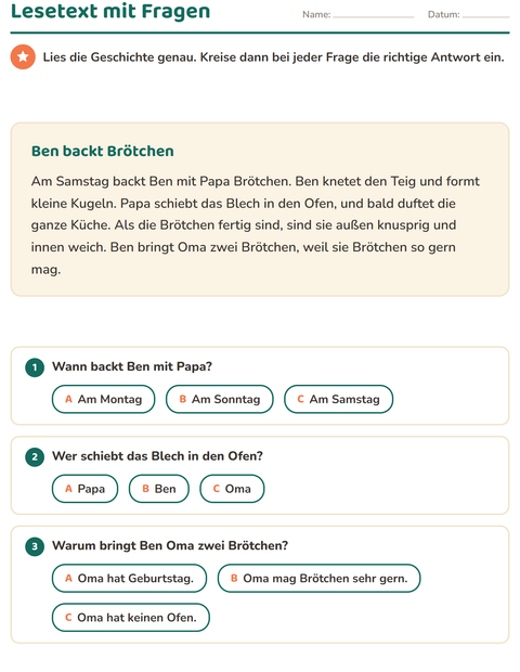 Lesetext mit Fragen – lesen und verstehen