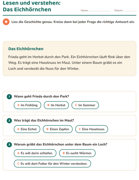 Vorschau: Leseverständnis-Arbeitsblatt für 2. Klasse