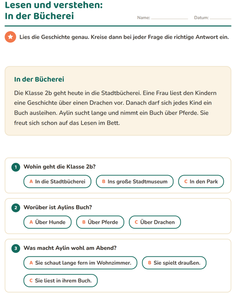 Vorschau: Leseverständnis-Arbeitsblatt für 2. Klasse