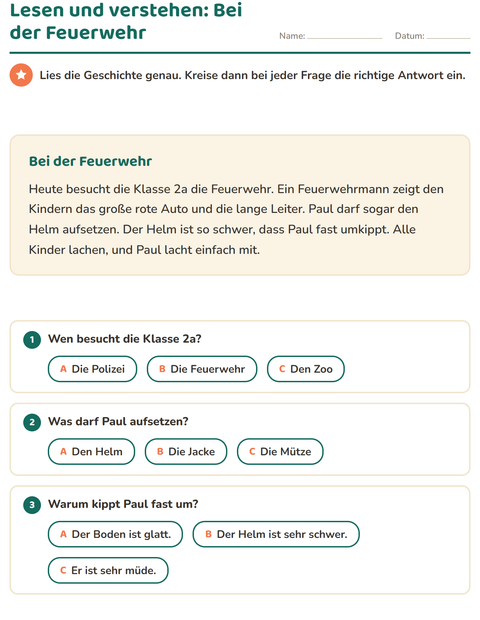 Vorschau: Bei der Feuerwehr – Lesetext mit Fragen für die 2. Klasse