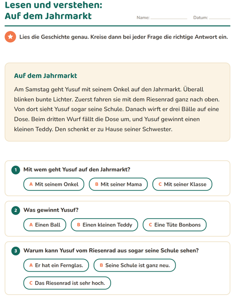 Vorschau: Leseverständnis-Arbeitsblatt für 2. Klasse