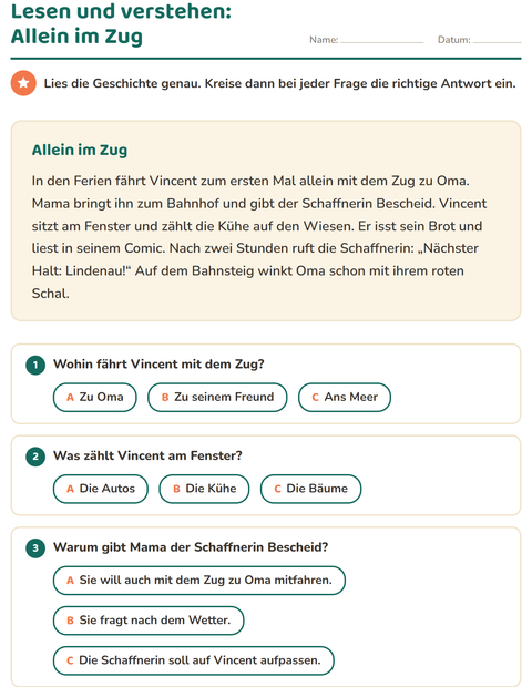 Vorschau: Leseverständnis-Arbeitsblatt für 2. Klasse