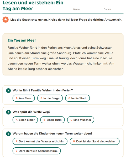 Ein Tag am Meer – Lesetext mit Fragen für die 2. Klasse