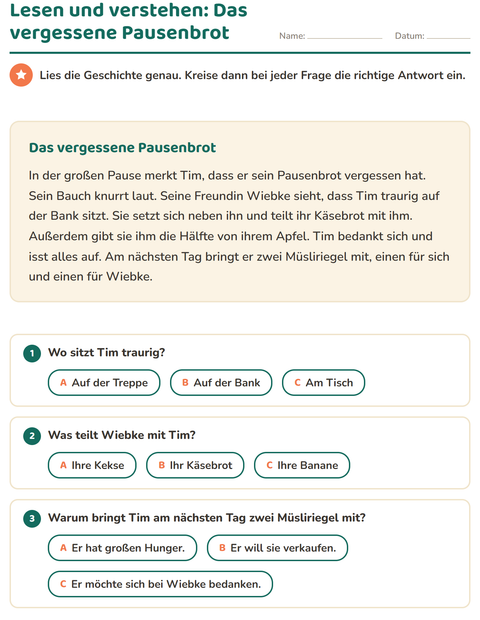 Vorschau: Leseverständnis-Arbeitsblatt für 2. Klasse