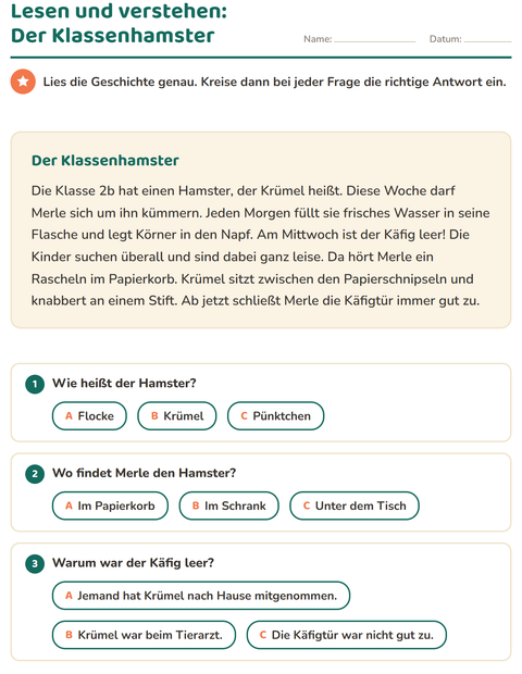 Vorschau: Leseverständnis-Arbeitsblatt für 2. Klasse