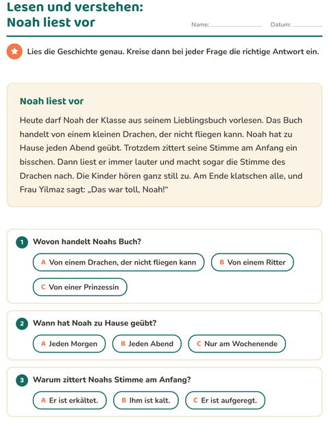 Vorschau: Leseverständnis-Arbeitsblatt für 2. Klasse