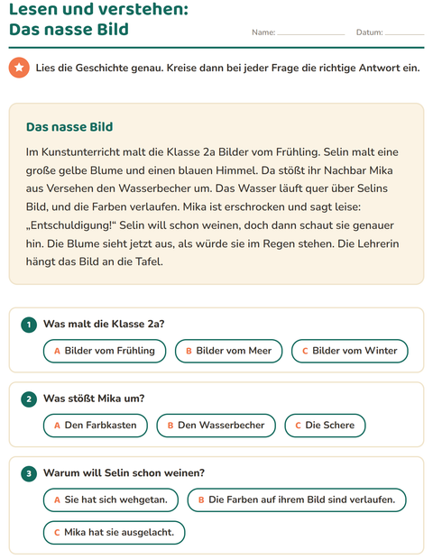 Vorschau: Leseverständnis-Arbeitsblatt für 2. Klasse