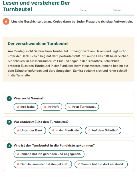 Der verschwundene Turnbeutel – Lesetext mit Fragen, 2. Klasse