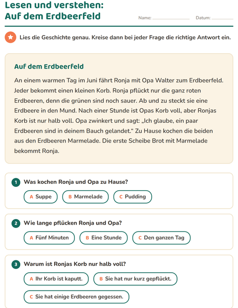 Vorschau: Leseverständnis-Arbeitsblatt für 2. Klasse