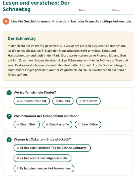 Der Schneetag – Lesetext mit Fragen für die 2. Klasse