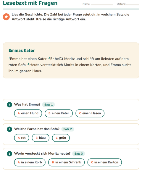 Vorschau: Leseverständnis-Arbeitsblatt für 2. Klasse