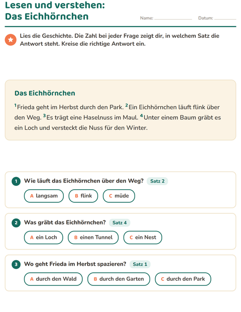 Vorschau: Leseverständnis-Arbeitsblatt für 2. Klasse