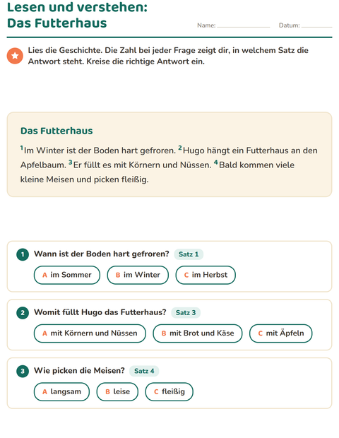 Vorschau: Leseverständnis-Arbeitsblatt für 2. Klasse