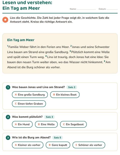 Vorschau: Leseverständnis-Arbeitsblatt für 2. Klasse