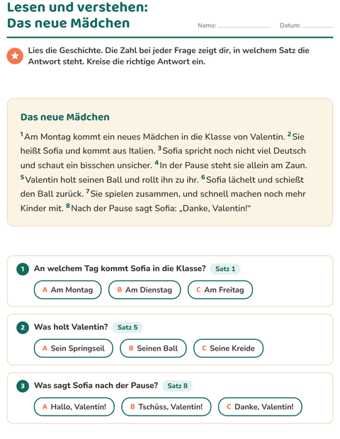 Vorschau: Leseverständnis-Arbeitsblatt für 2. Klasse