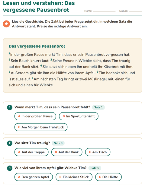 Vorschau: Leseverständnis-Arbeitsblatt für 2. Klasse