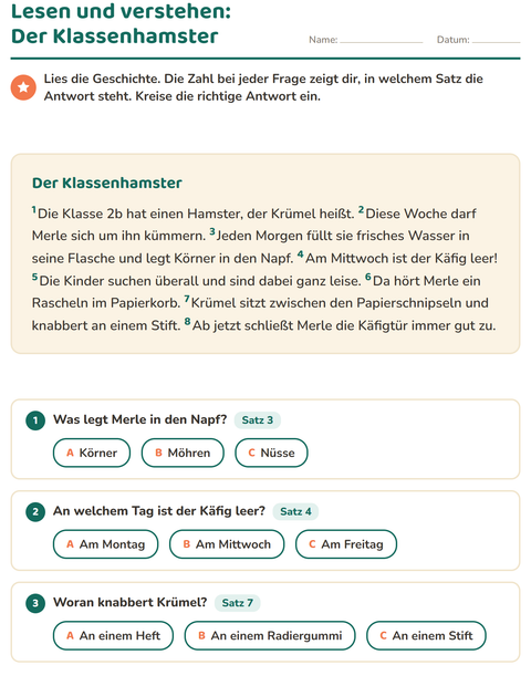 Vorschau: Leseverständnis-Arbeitsblatt für 2. Klasse