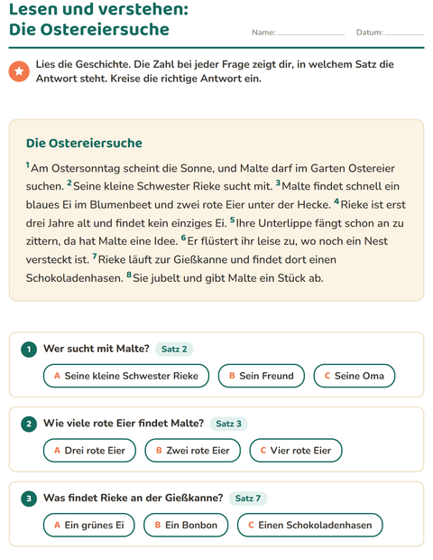 Vorschau: Leseverständnis-Arbeitsblatt für 2. Klasse