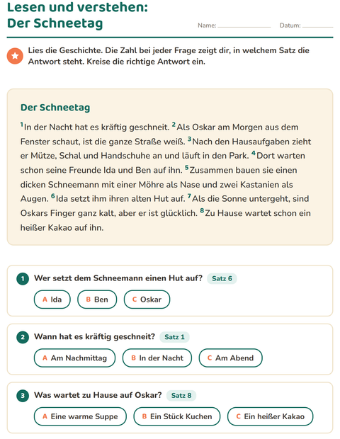Vorschau: Leseverständnis-Arbeitsblatt für 2. Klasse