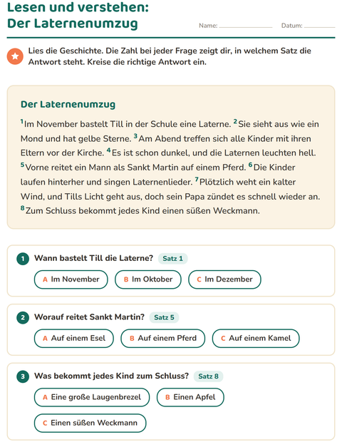 Vorschau: Leseverständnis-Arbeitsblatt für 2. Klasse