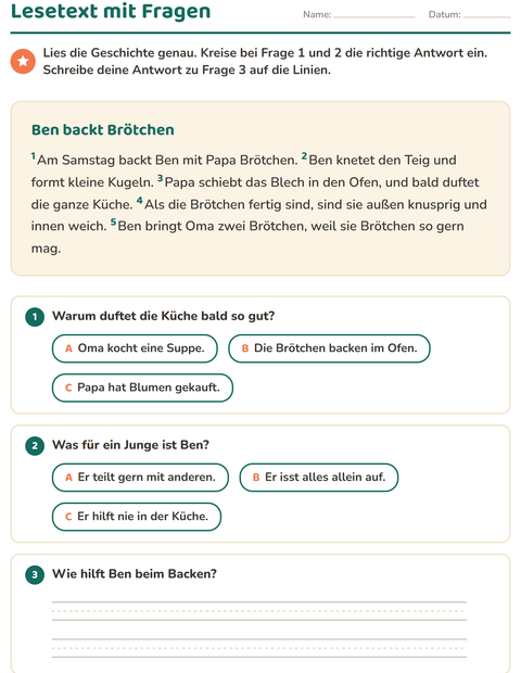 Vorschau: Leseverständnis-Arbeitsblatt für 2. Klasse